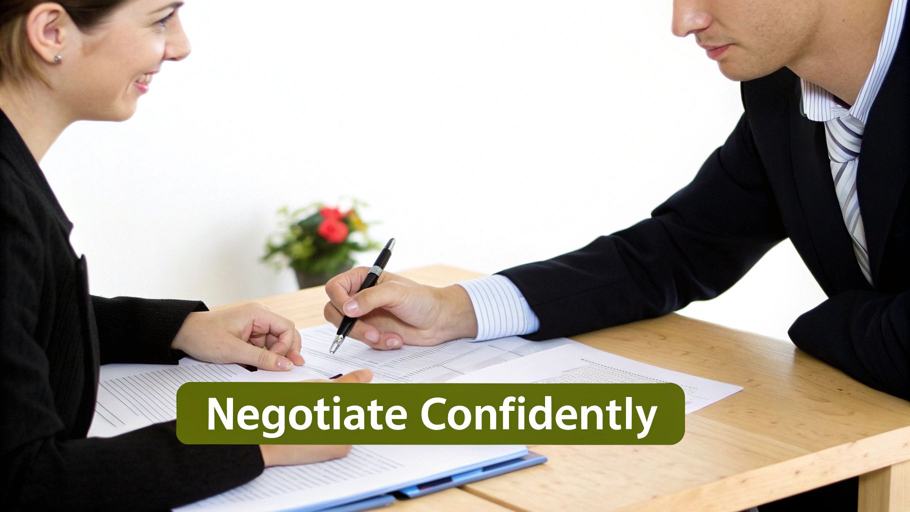 Two professionals, a man and a smiling woman, reviewing documents at a table.