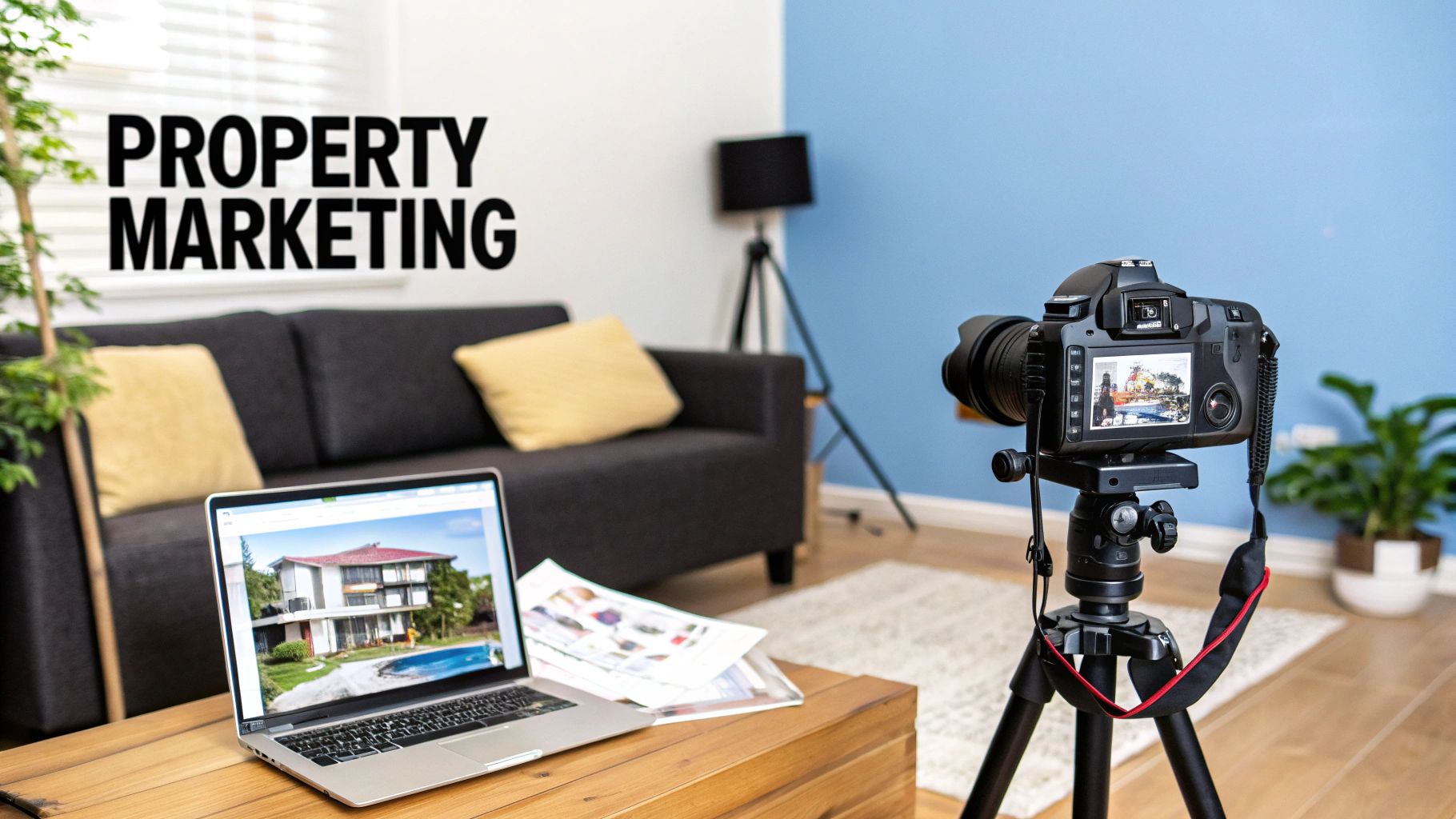 A camera on a tripod, laptop displaying a modern house, and 'PROPERTY MARKETING' text on the wall.
