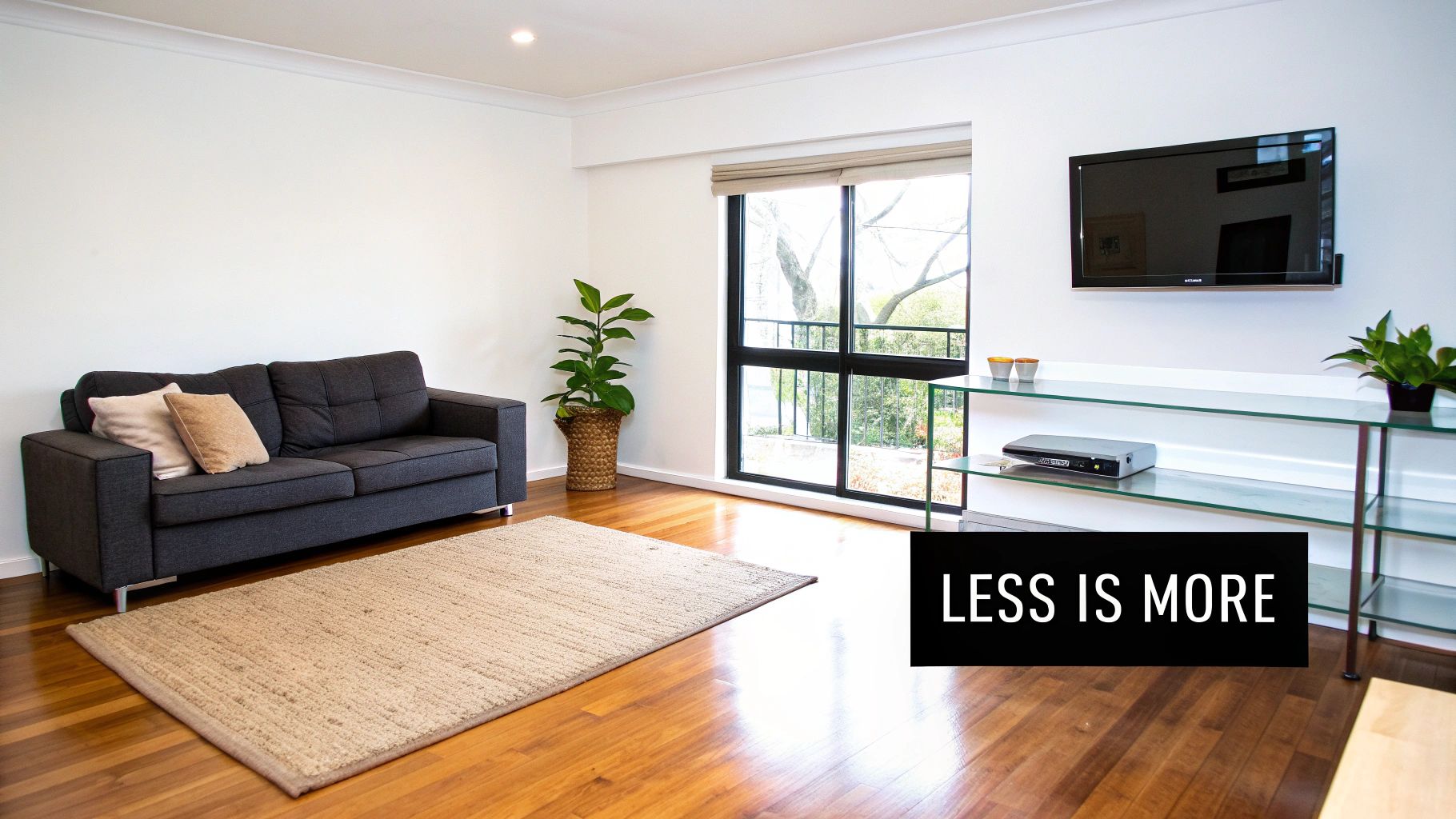 A modern and minimalist living room featuring a grey sofa, wooden floor, and a wall-mounted TV.