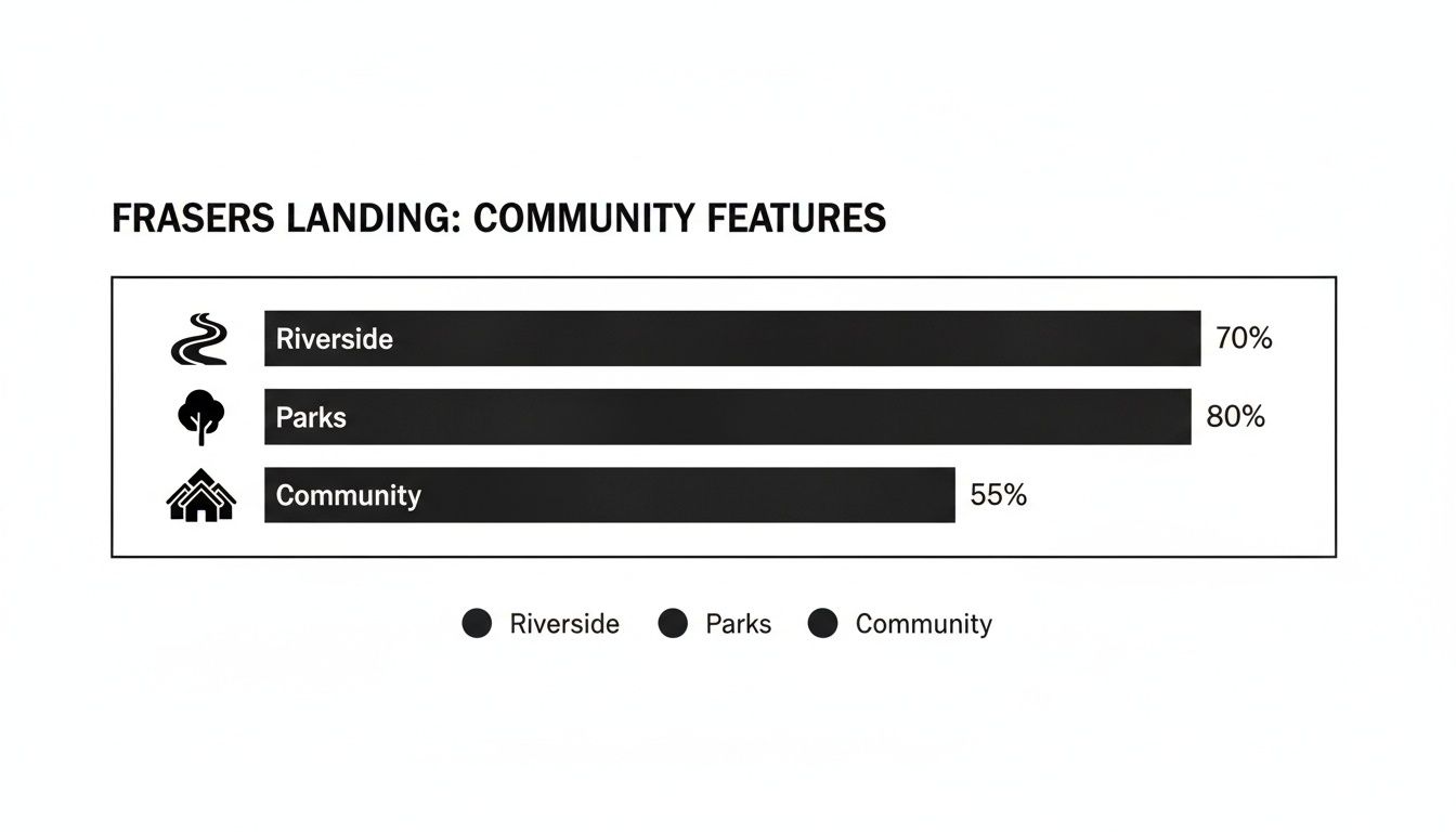 Bar chart displaying Frasers Landing community features: Riverside at 70%, Parks at 80%, and Community at 55%.