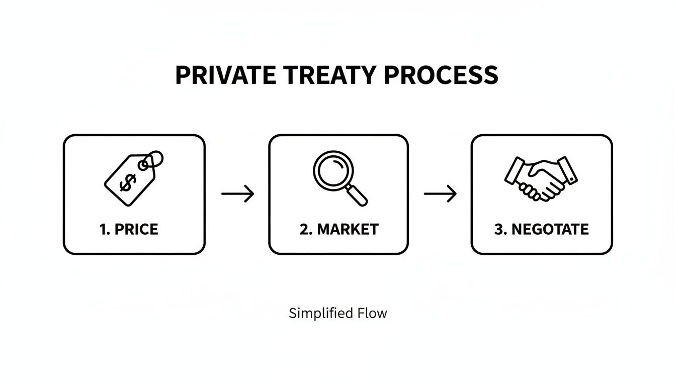 A flowchart illustrating the private treaty process with steps: price, market, and negotiate.