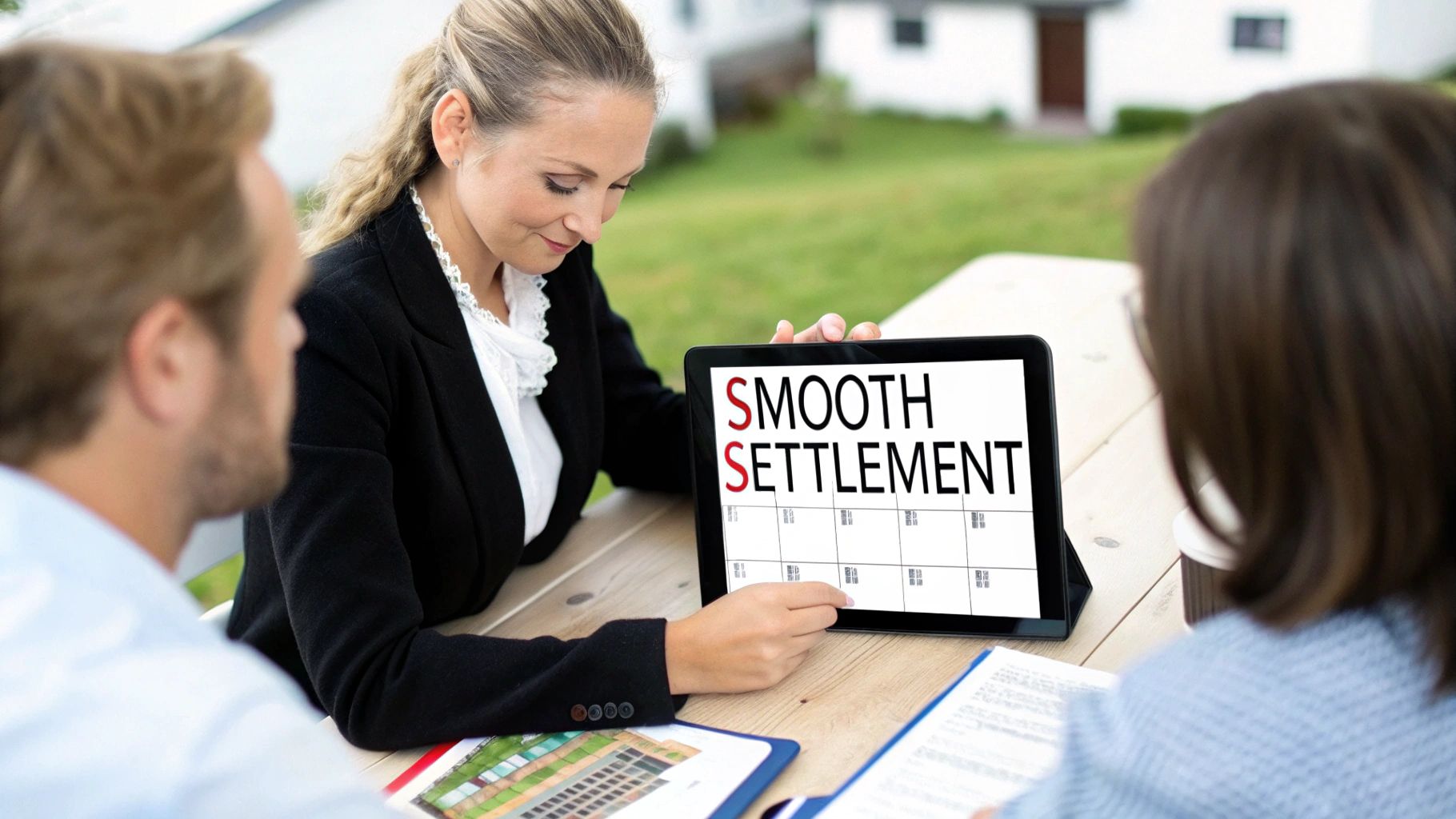 A settlement agent shows a tablet displaying "Smooth Settlement" to a couple at an outdoor meeting.