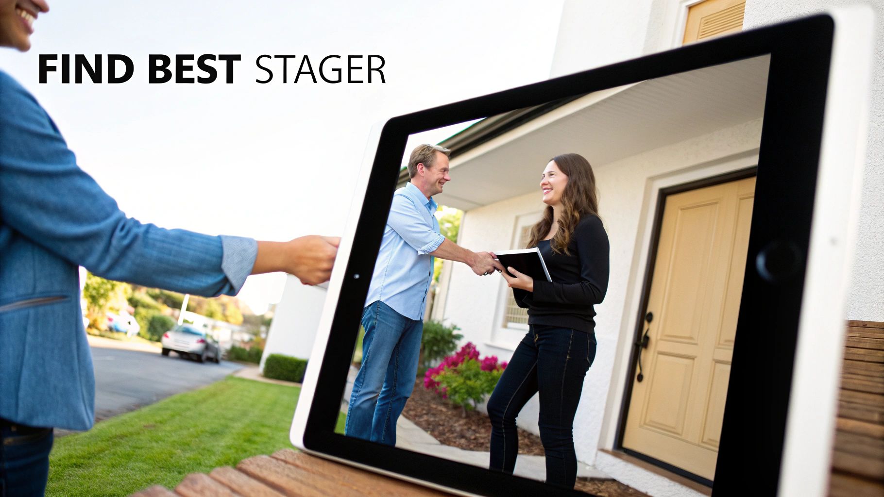 A person holds a tablet displaying a man and woman shaking hands in front of a house, with text 'FIND BEST STAGER'.