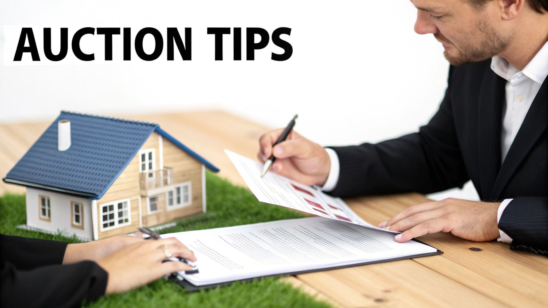 A man and woman review documents for a property auction, with a house model and 'AUCTION TIPS' text.