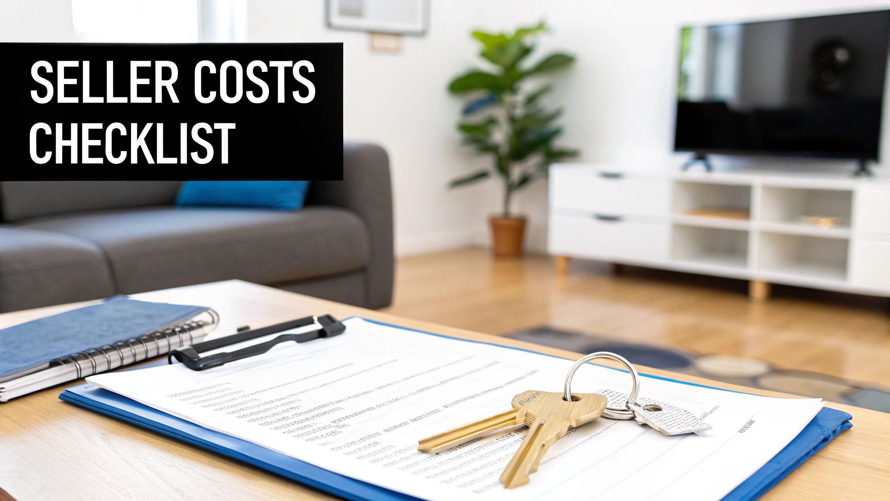 Real estate concept: Seller Costs Checklist with house keys on a document in a modern home.