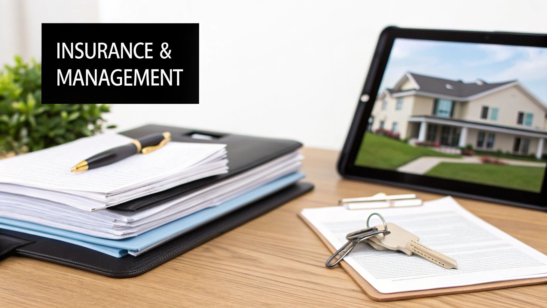 A desk with 'INSURANCE & MANAGEMENT' text, documents, pen, house keys, and a tablet showing a house.