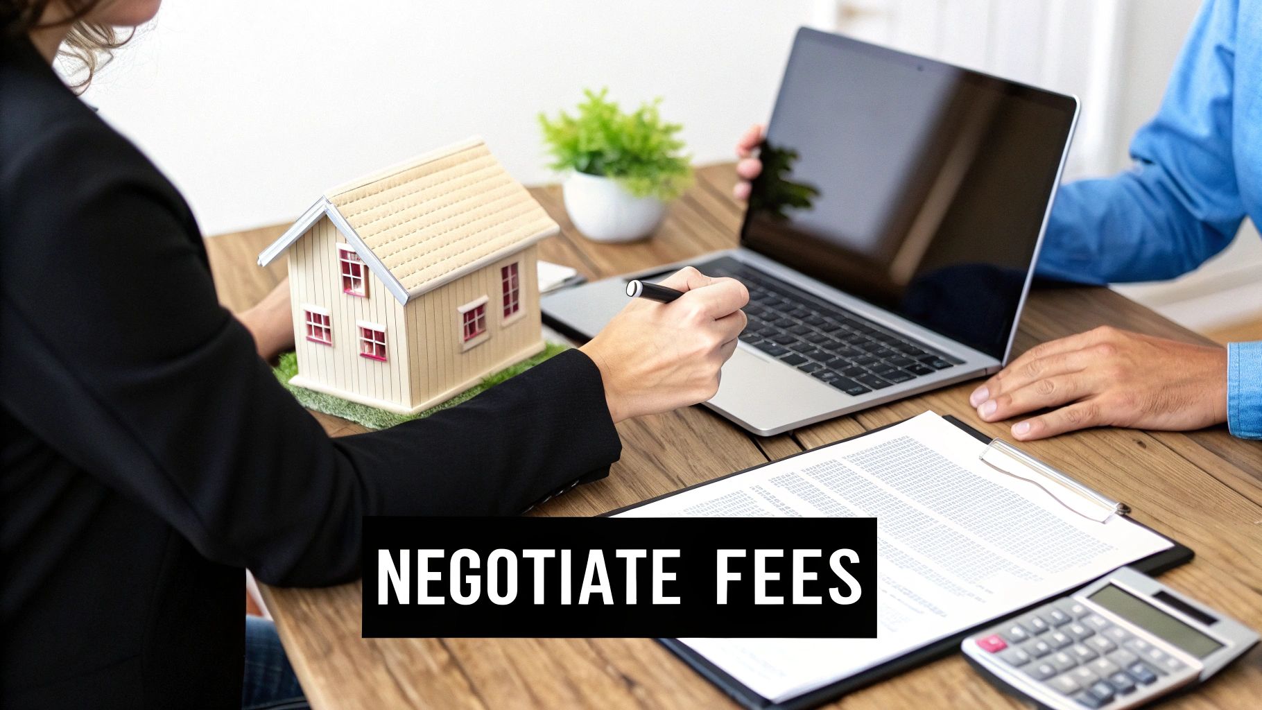 A real estate agent and client negotiate fees, with a model house and documents on the table.