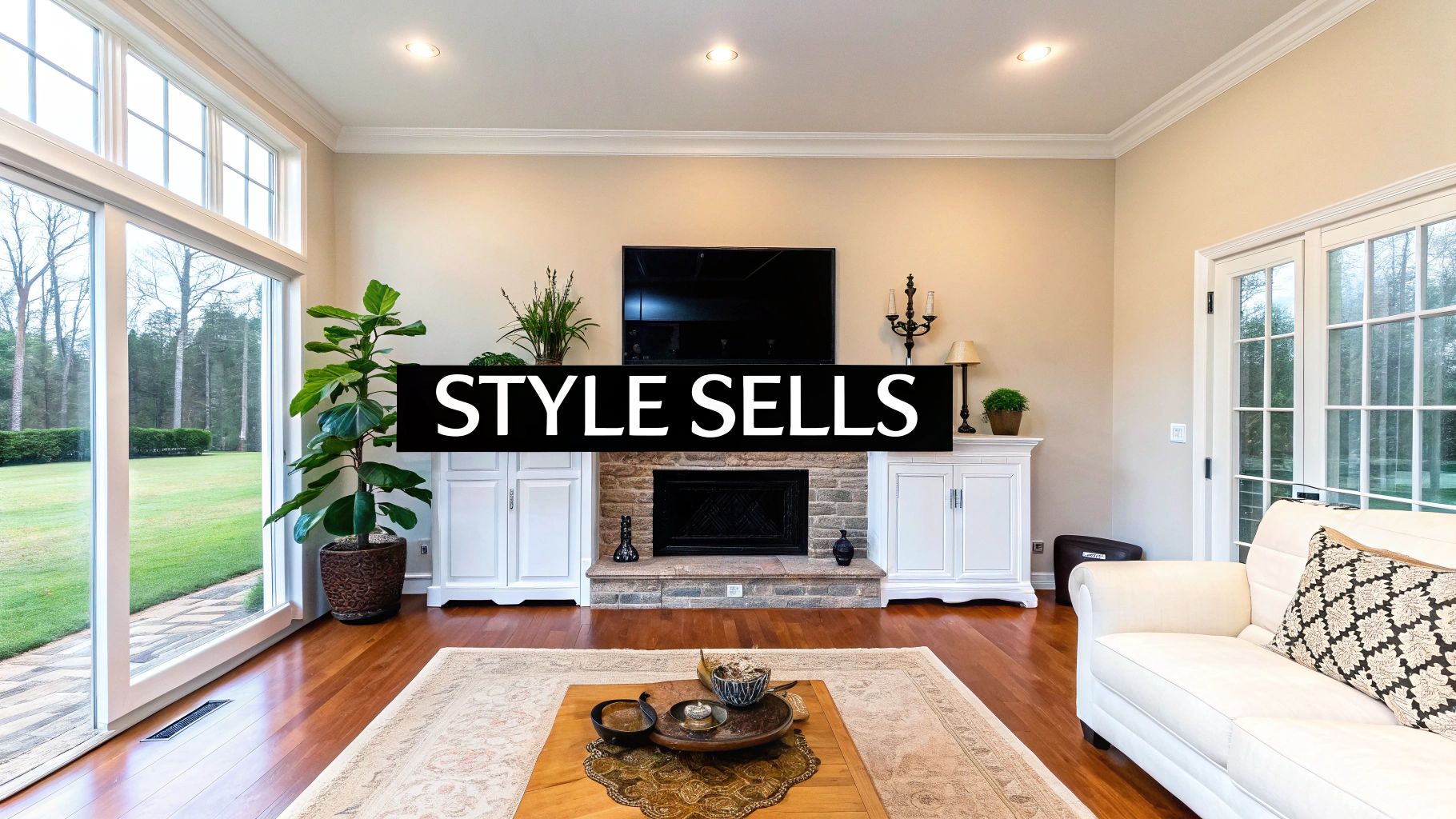 A bright and stylish living room featuring a stone fireplace, large windows, and a white sofa.