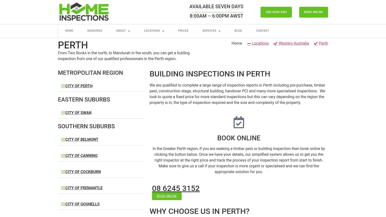 Inspect My Home – Perth (WA) website showcasing its inspection services and booking options