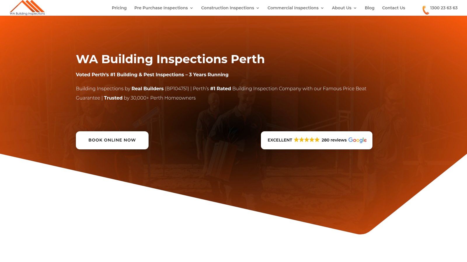WA Building Inspections (Perth) homepage showcasing its services and booking options