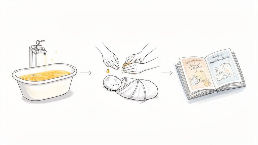 Visual guide for a baby's relaxing routine: a soothing bath, gentle oil massage, and a bedtime story.