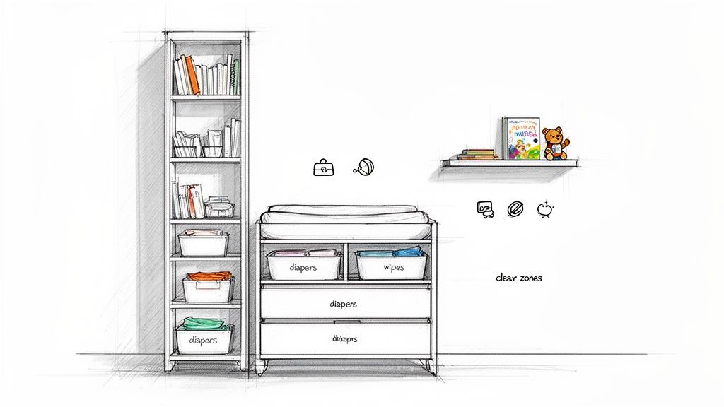 Hand-drawn illustration of an organized nursery room featuring a changing table and bookshelf.