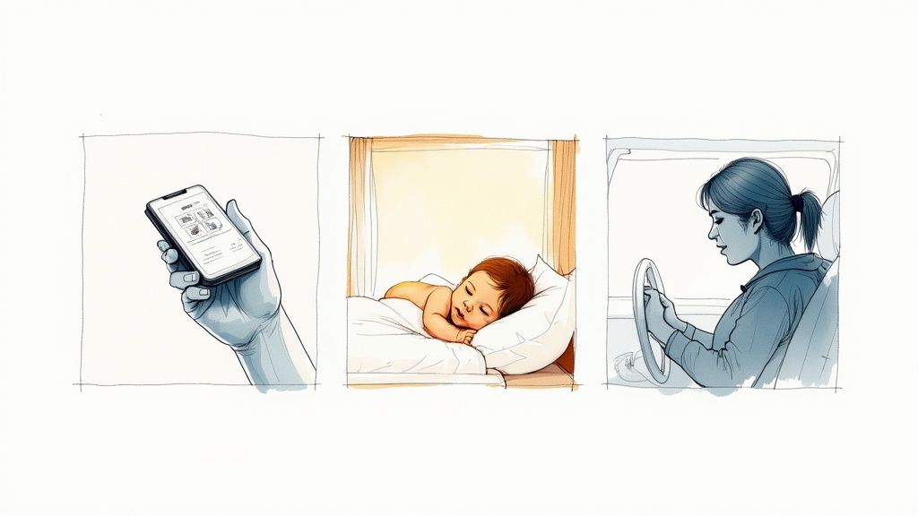 A baby smiling in an infant car mirror with lights.