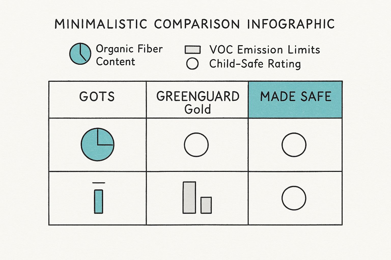 Infographic comparing GOTS, GREENGUARD Gold, and Made Safe certifications across organic fiber content, VOC emission limits, and child-safe ratings.