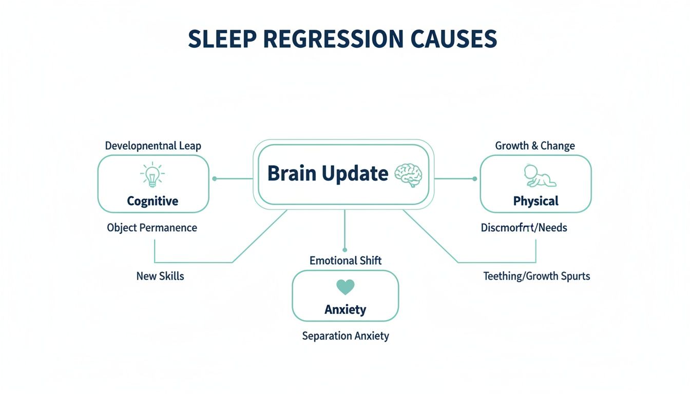 Flowchart illustrating the causes of sleep regression, detailing cognitive, physical, and anxiety factors.