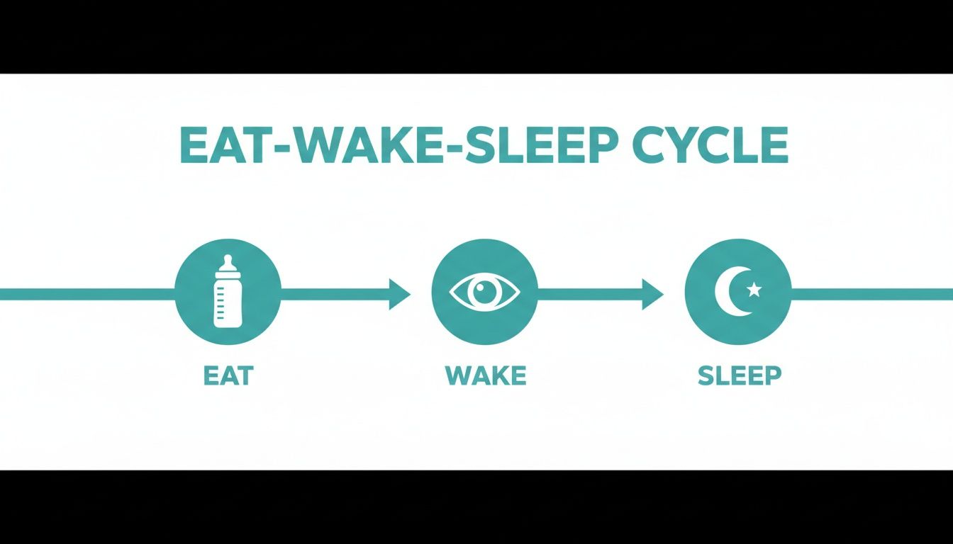 An infographic showing the Eat-Wake-Sleep cycle with icons for feeding, an eye, and a crescent moon.