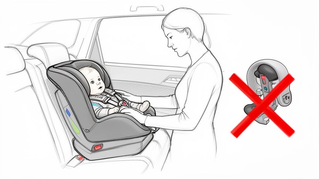 A woman safely secures a baby in a rear-facing car seat; a head positioner is shown incorrectly crossed out.