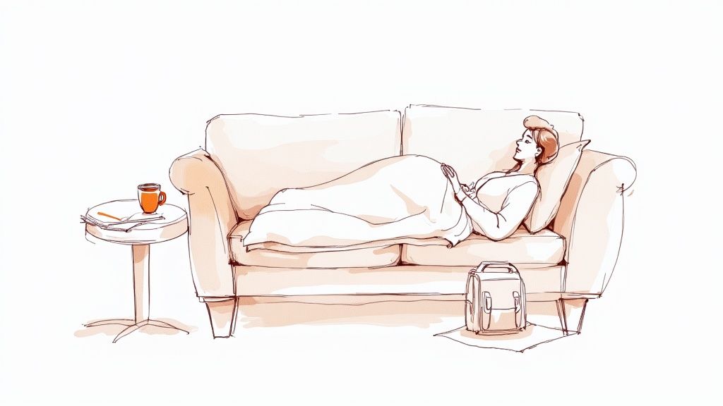 A pregnant woman relaxes on a sofa, covered by a blanket, with a hot drink nearby.