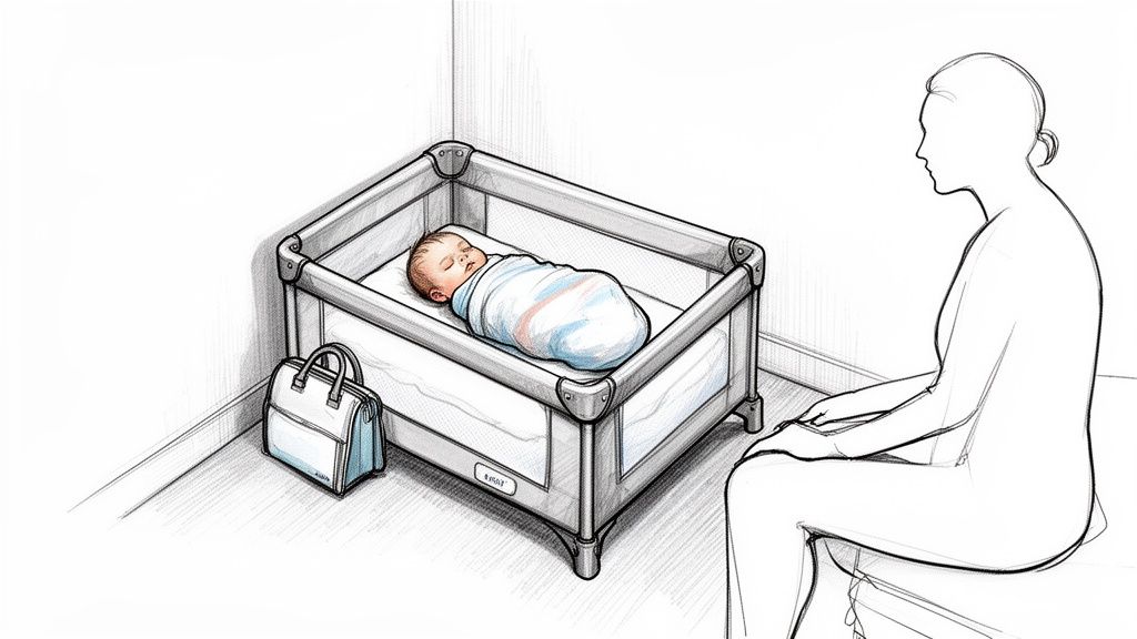 A baby sleeps peacefully in a portable travel crib, while a mother sits nearby with a diaper bag.
