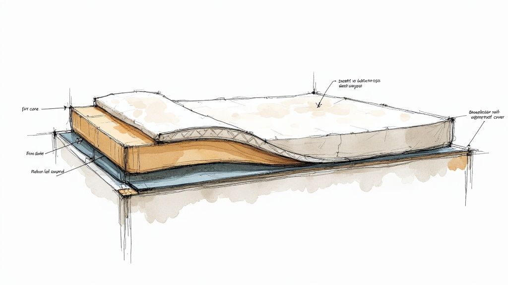 A close-up shot of a white crib mattress with a fitted sheet, showing the snug fit against the crib rails.