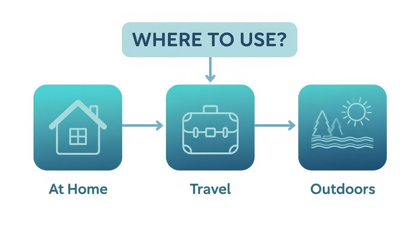 Infographic decision tree showing where to use a pack and play: at home, for travel, or outdoors.