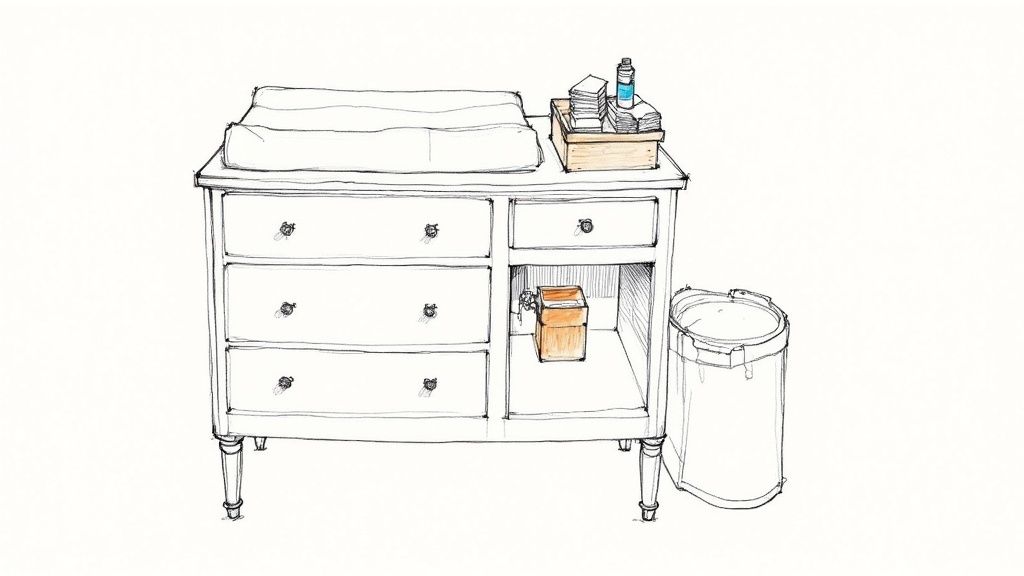 A well-organized baby changing station with diapers and wipes.