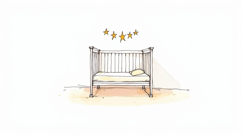 Hand-drawn illustration of baby crib with mattress and pillow featuring five gold stars above