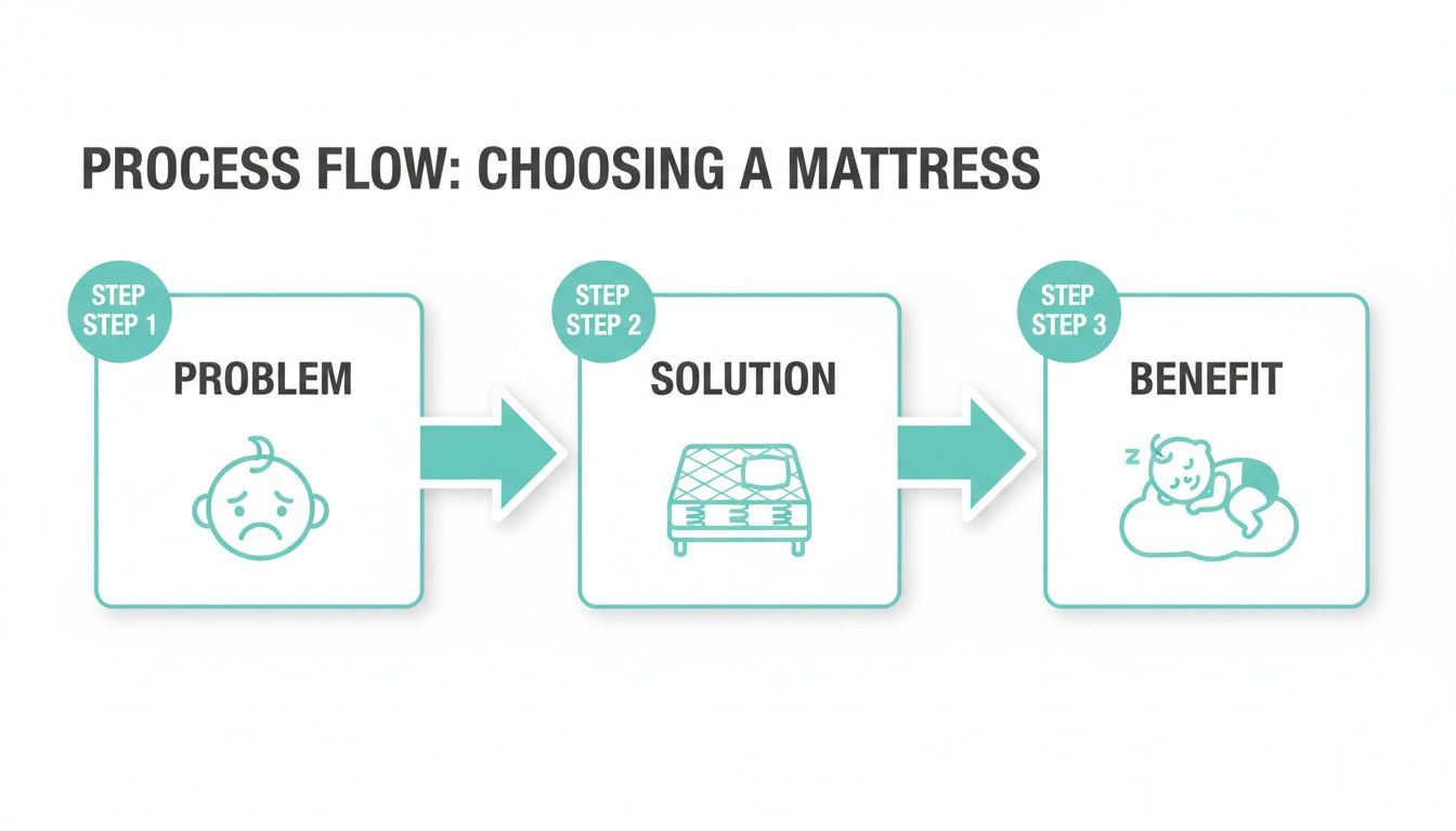 A process flow chart illustrating choosing a mattress: problem (sad baby), solution (mattress), and benefit (sleeping baby).