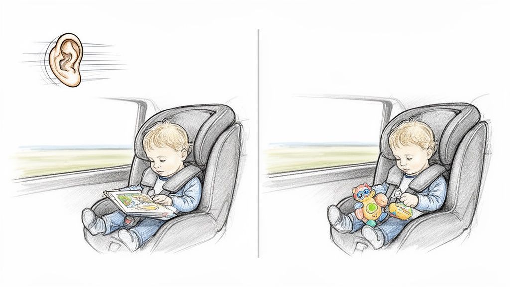 Illustrations of a toddler in a car seat, engaged by a book and toys for distraction.