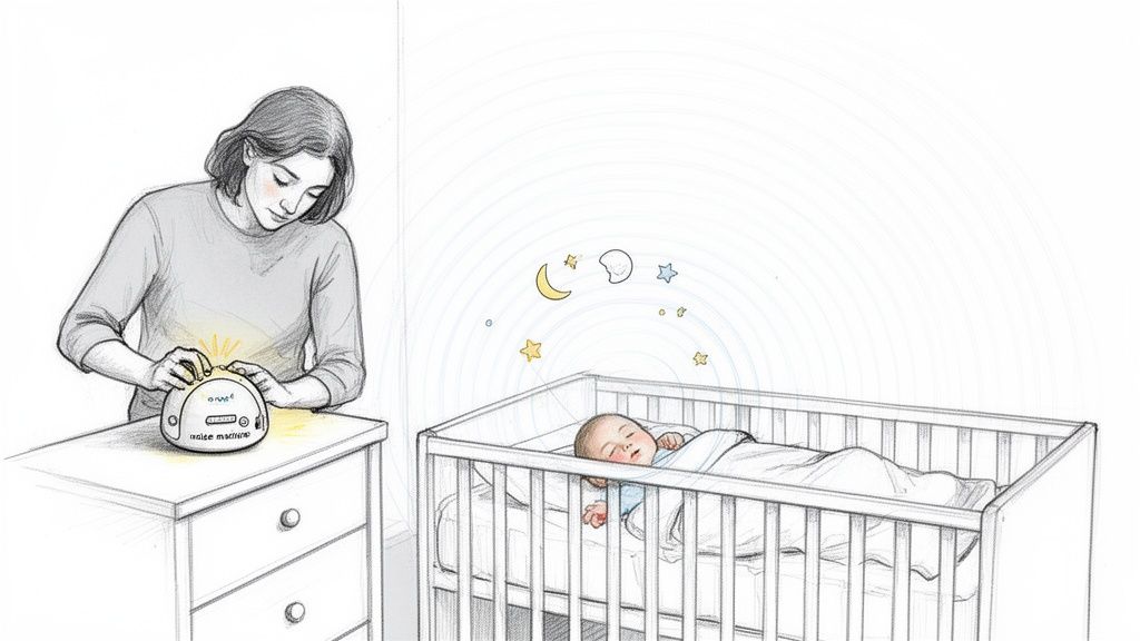 A woman adjusts a glowing white noise machine, while a baby sleeps soundly in a nearby crib.