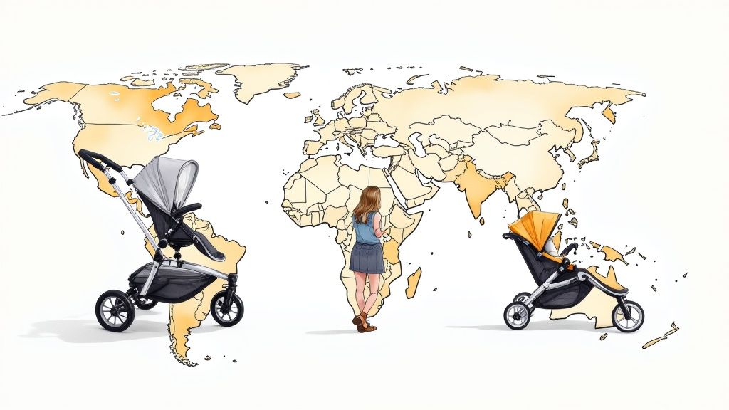 Parents using a stroller and baby carrier at an airport terminal