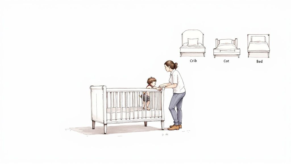 A woman tends to a toddler in a crib, with illustrations of a crib, cot, and bed above.