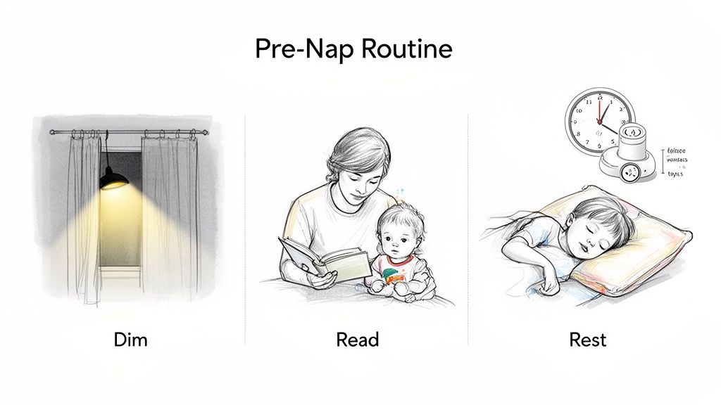A three-step pre-nap routine illustration: dimming lights, reading to a toddler, and the child sleeping peacefully.