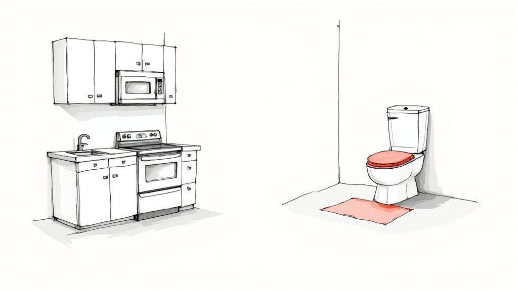 A neatly organized, childproofed kitchen with safety latches visible on cabinets.