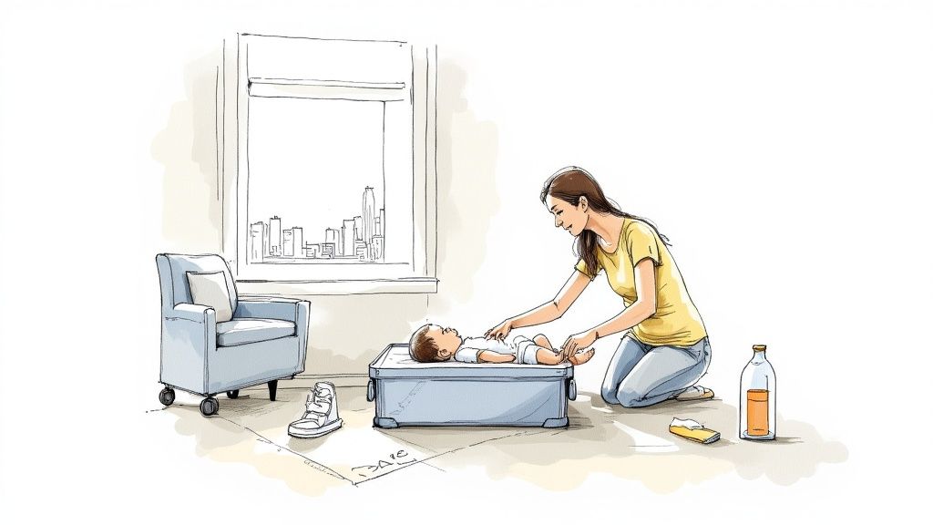 Mother kneeling beside portable baby travel bed changing infant diaper in modern apartment