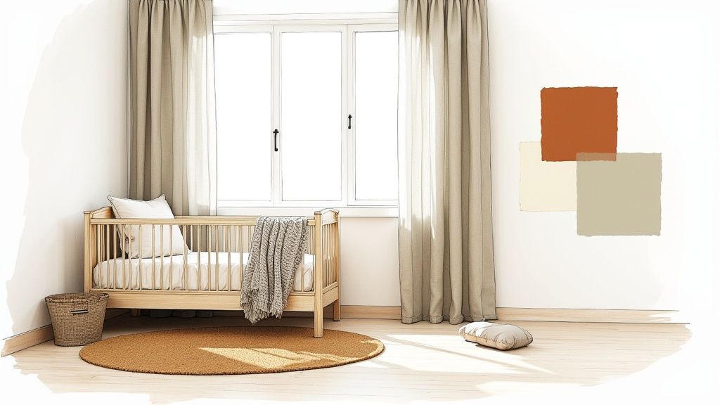 A cozy unisex nursery with a light wood crib, sage green accent wall, and textured rug.