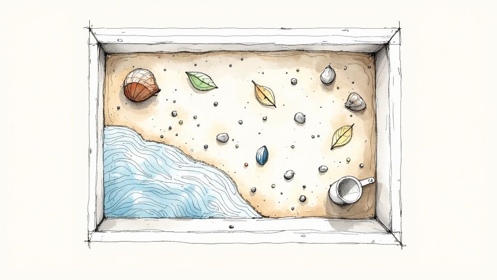 Top-down illustration of a miniature sandbox with sand, water, pebbles, leaves, shells, and a small cup.