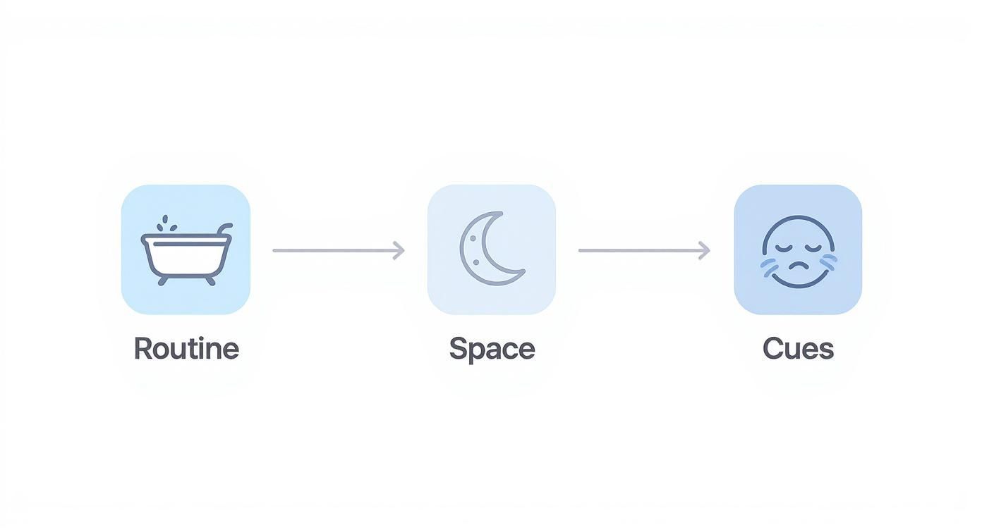 Diagram showing a routine, space, and cues for self-soothing with icons of a bathtub, moon, and sleeping face.