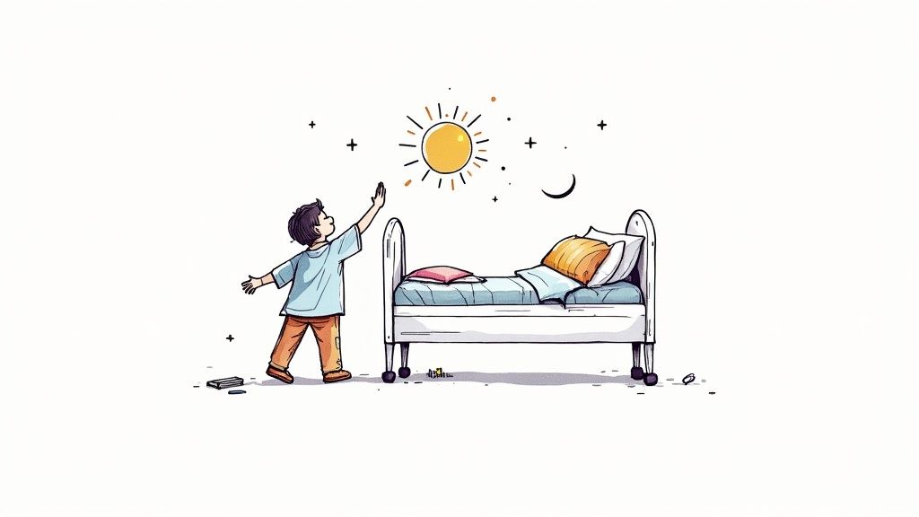 A whimsical illustration of a young boy reaching for a drawn sun above a cozy bed.