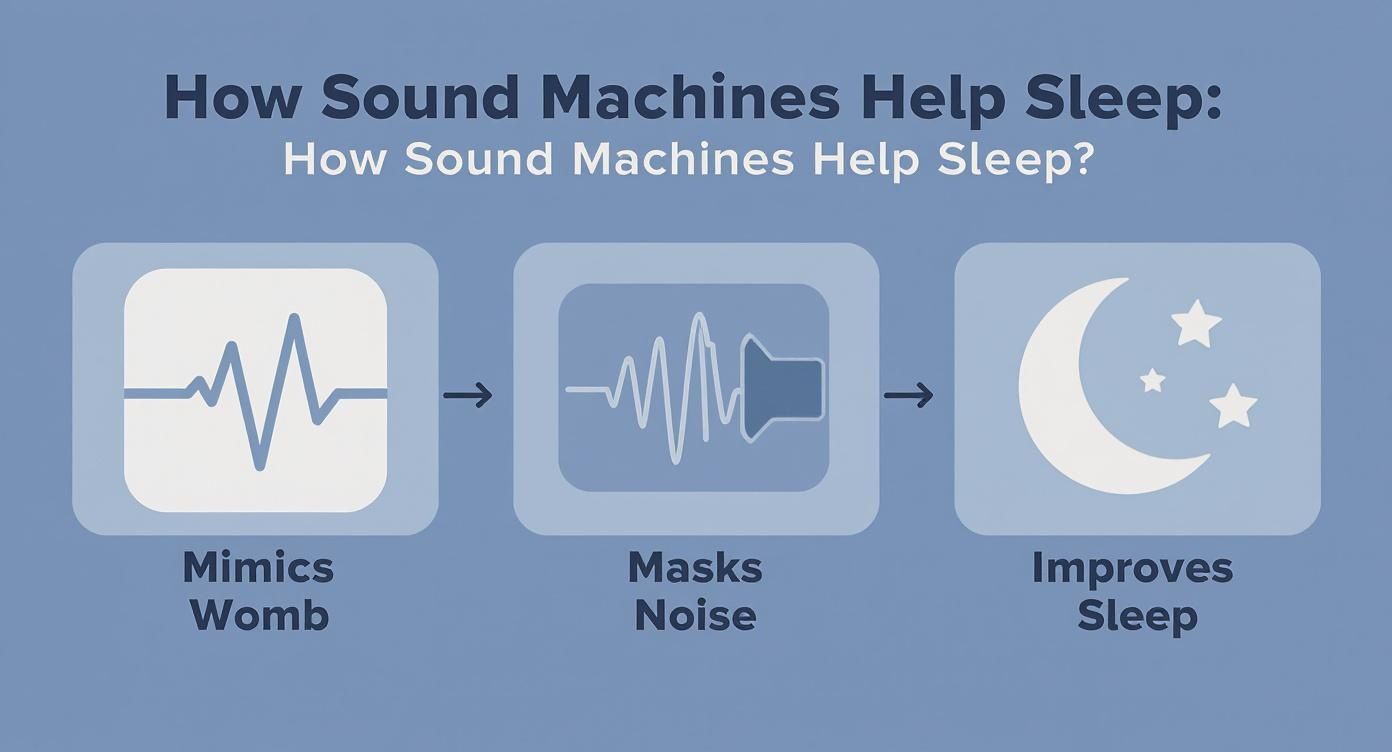 Infographic explains how sound machines aid sleep by mimicking womb sounds and masking disruptive noise.