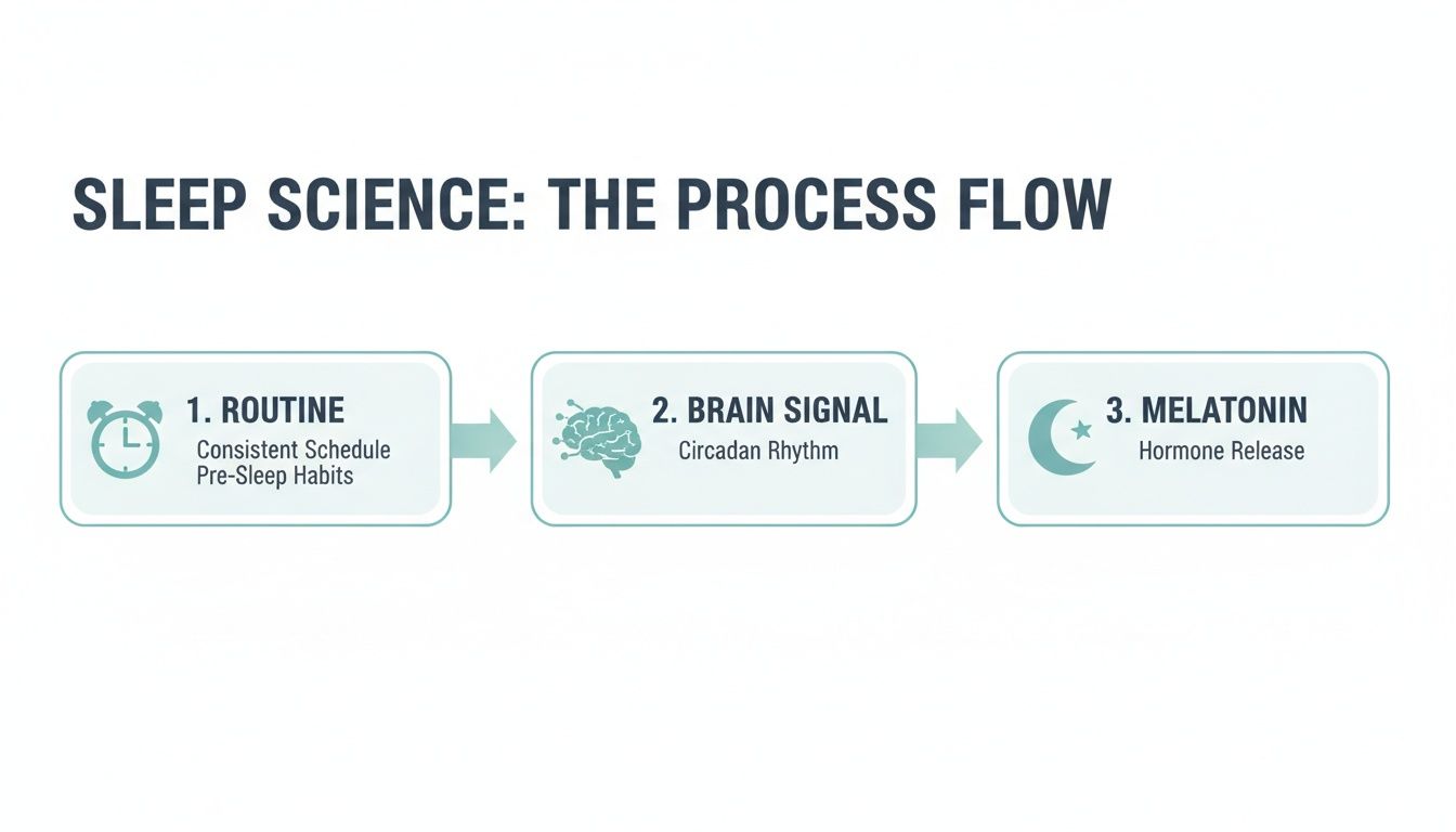 A sleep science process flow diagram illustrates routine, brain signals (circadian rhythm), and melatonin hormone release.