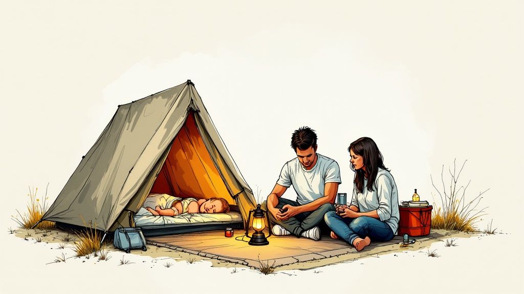 A family camping scene with a baby sleeping in a tent and parents sitting beside a lantern.