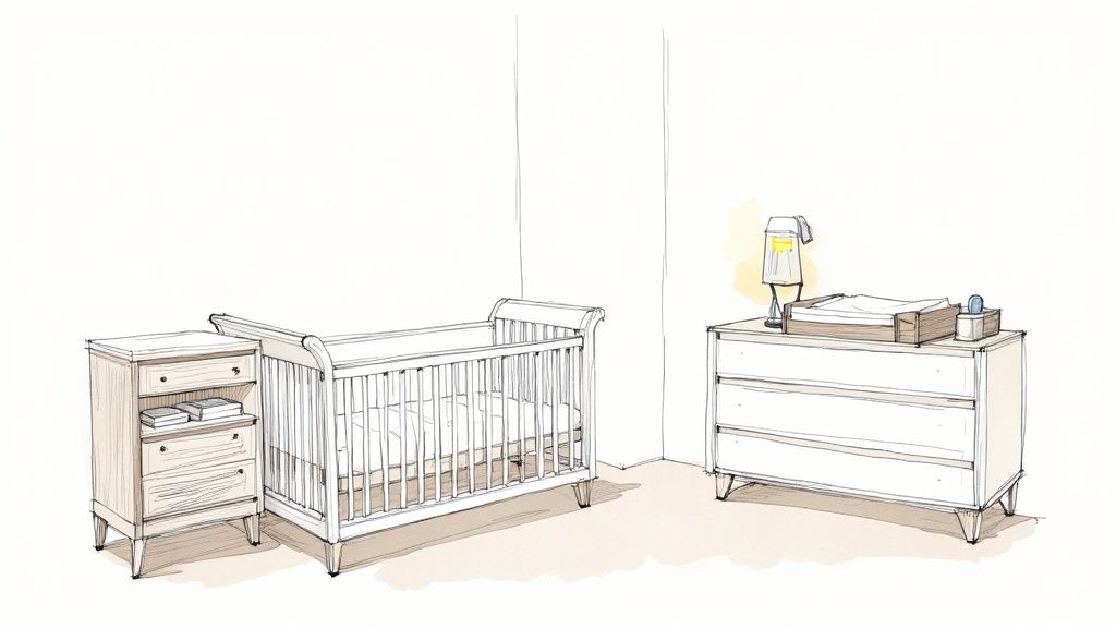 A peaceful, well-organized baby nursery with a wooden crib and gentle lighting.
