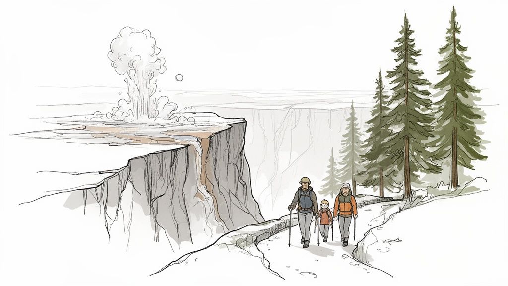 A family hikes on a scenic trail near a cliff, with a geyser erupting in the background.