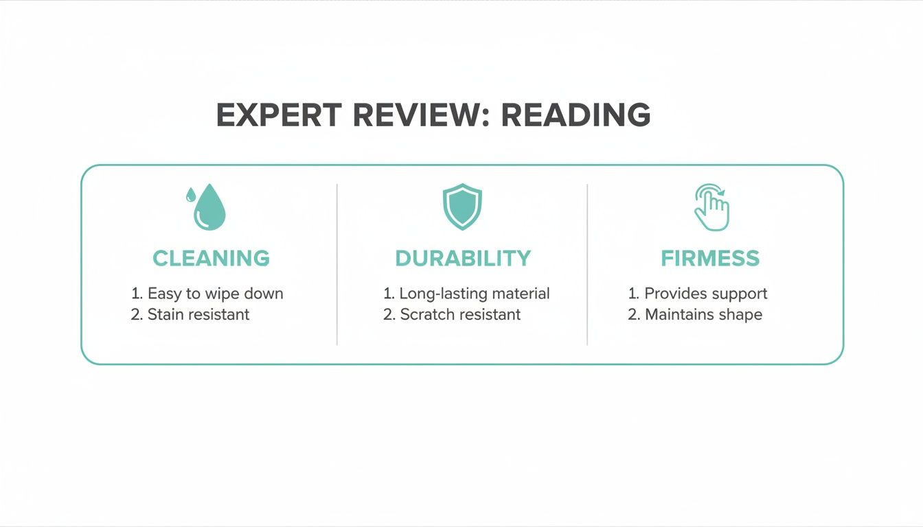 An expert review section detailing cleaning, durability, and firmness features with specific bullet points for each.