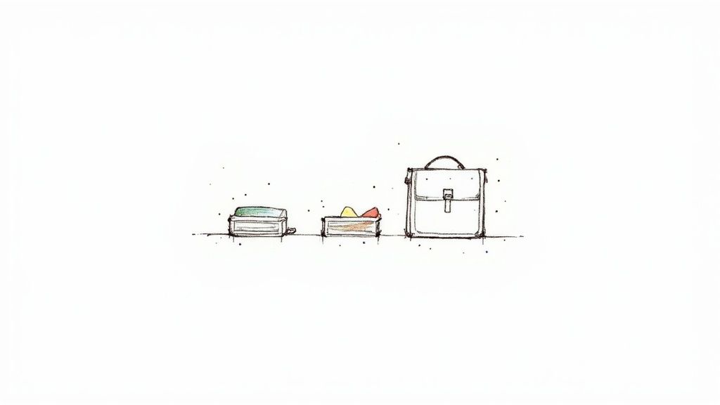 Minimalist sketch showing a closed lunchbox, an open lunchbox with colorful food, and a small briefcase.