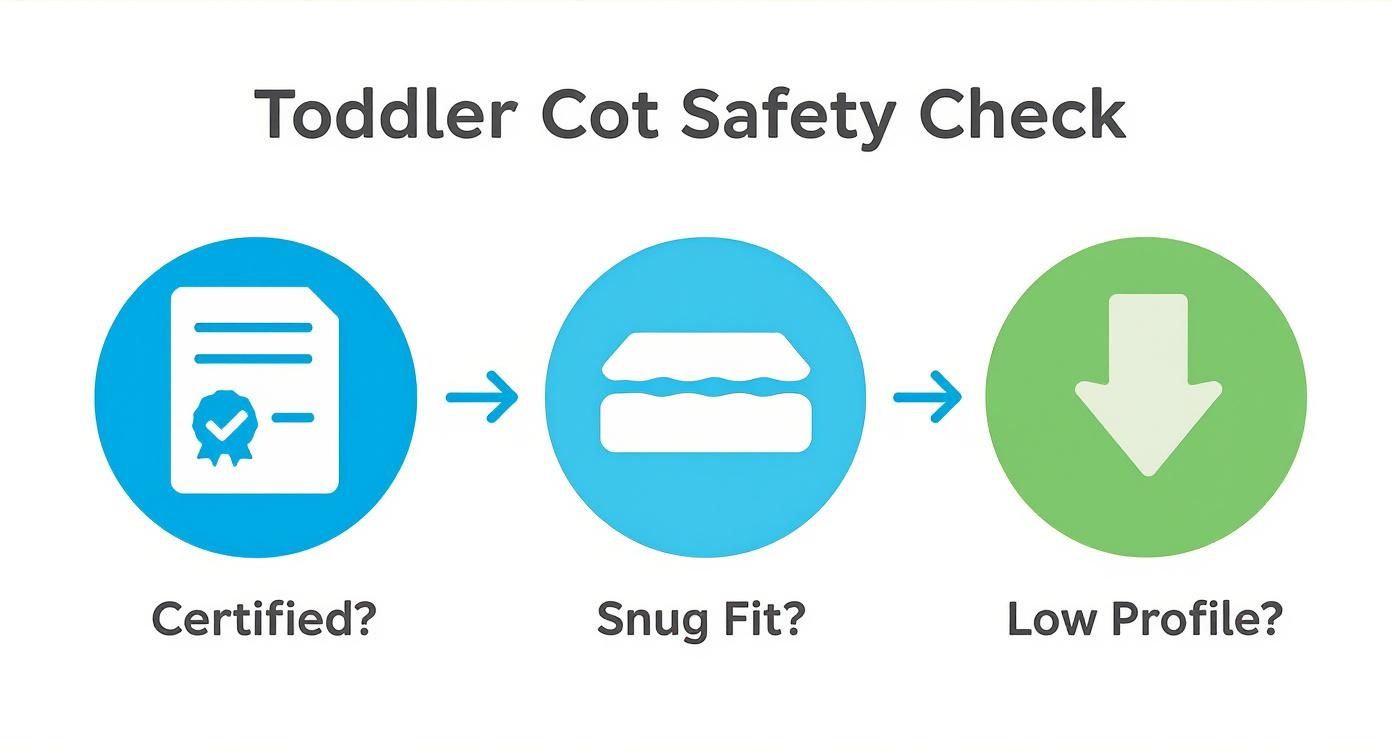 Infographic showing three steps for a toddler cot safety check: certified, snug fit, and low profile.