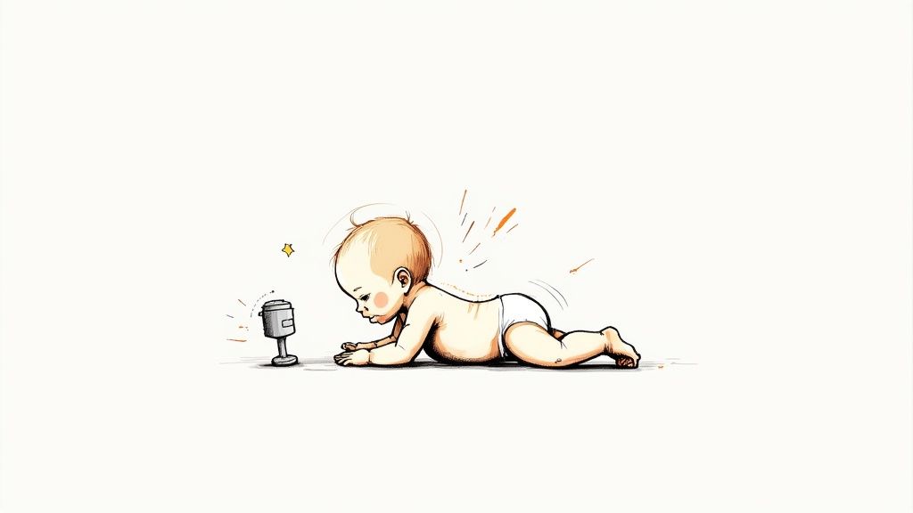 A smiling baby doing tummy time on their parent's chest.