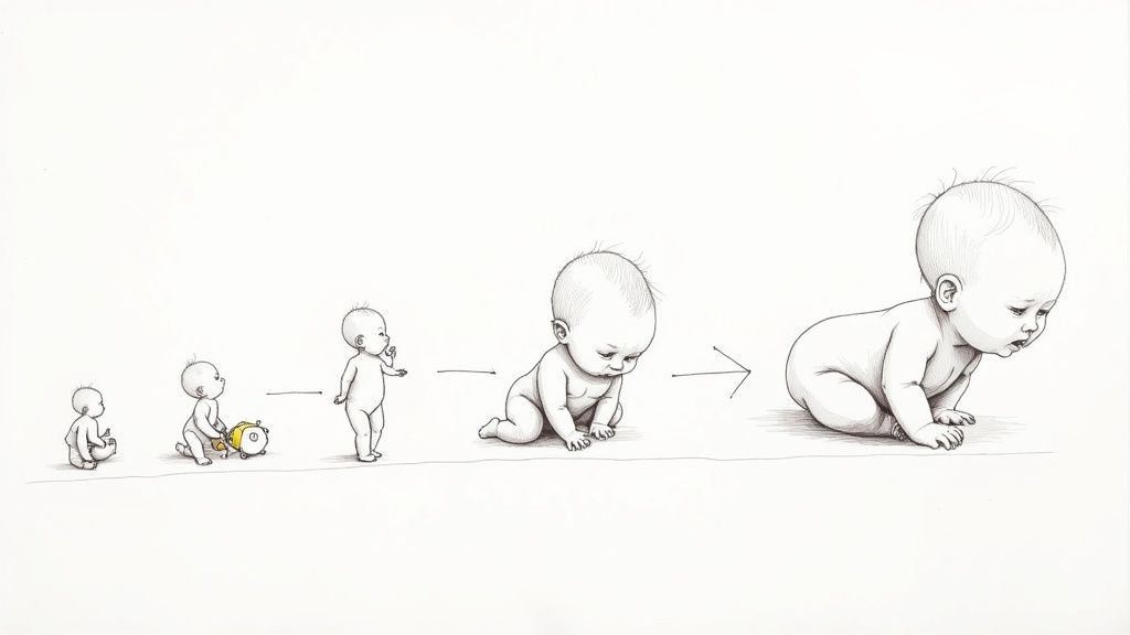 Pencil drawing illustrating five stages of baby development, from sitting to crawling.