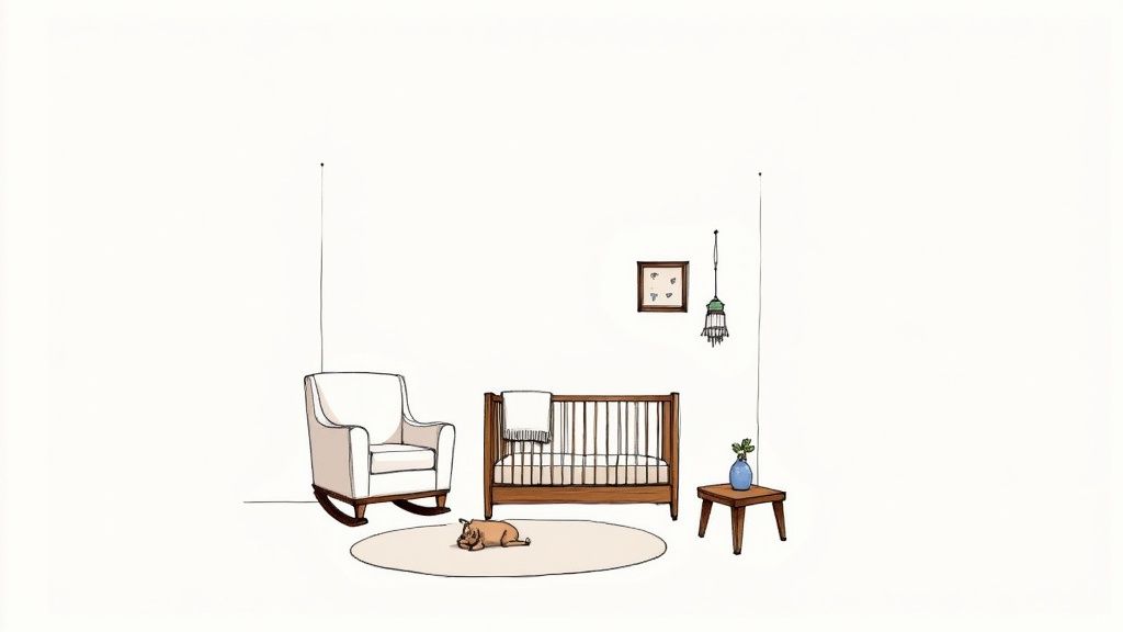 A minimalist nursery room featuring a crib, rocking chair, rug, sleeping dog, and subtle wall decor.